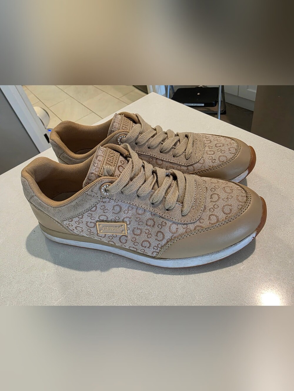 Guess Beige Monogram Lace-Up Sneakers